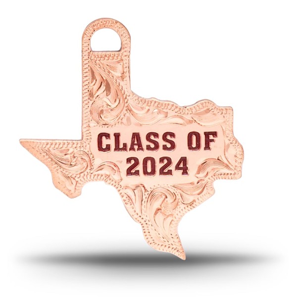 A custom silver tassel charm for 2024 graduates, designed for memorial caps, featuring a Texas State Shape